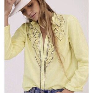NWT Anthropologie Lime Pilcro Nayeli Beaded Buttondown Western Shirt Top XS